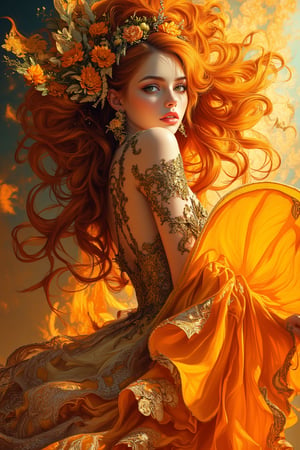 Airbrushing (Beautiful mystical allure) long swirling hair, smart, environment, Using airbrushing for art, often for smooth gradients, spray effects, or automotive art,1 girl,anime, orange