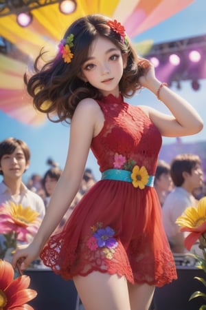 create me a 60's flower power portait of a women dressed in her red lace short dress clothes with a colourful flower band in her hair, at a outdoor concert, there is a live band playing on the stage behind her, her and her friends are dancing,more detail XL,DonMM4g1cXL ,Anime 