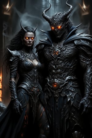 Create a high-definition, sharp portrait of a powerful demon queen and demon king standing together in a dark, ominous throne room. The demon queen has dark, flowing, wild hair with streaks of crimson, her eyes glowing with an otherworldly fire. Her sharp, alluring features are enhanced by graceful horns extending from her forehead. She wears tattered, regal garments that flow like dark, enchanted silk, with her skin glistening with a subtle metallic sheen, marked with intricate dark symbols. Beside her stands the demon king, a towering figure with muscular, imposing features. His horns are large and jagged, his eyes burning with a deep inferno, and his skin is a blend of dark shades with glowing cracks of magma. He wears battle-worn armor that exudes power and dominance, draped in a heavy, shadowy cloak. His long, wild hair flows like black smoke, streaked with fiery orange. Both are surrounded by a shroud of ethereal mist, while the background glows with molten lava and flickering shadows. Their presence is commanding and menacing, exuding elegance, strength, and supernatural power