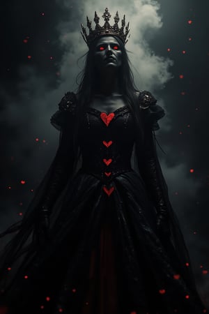  queen of hearts, dark shadows and mist are the background,professional film grain horror photography of a dark cursed,,AHaunted,smoke and gas spirit rising up