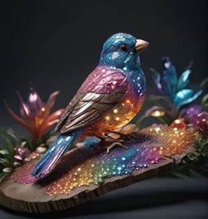 masterpiece, high quality, cinematic lighting, vibrant color, perched on a tree branch, , (colorful-glass carving sparrow) colorful-glass wing,XL,glitter,gbaywing,colorful,shiny,glass shiny style,APEX colourful 