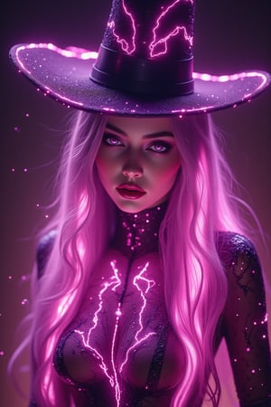 create e a stunningly beautiful witch,glowing,bright,luminous skin,glowing brightly,warm light,radiant,soft,glowing skin and vibrant, luminous features,glowing visual effects,glowing particles,neon