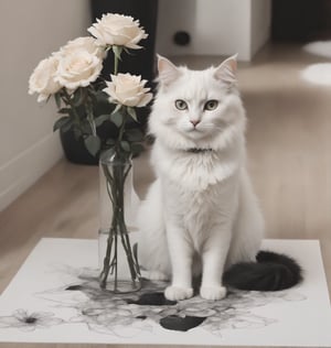 please create a flower vase sitting on the floor, with black and white roses inside it, a white fluffy cat site beside it,Sketch