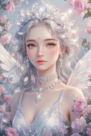 Masterpiece, Professional, Top Quality, High Resolution, High Detail, Perfect Detail,1 cute angel, super cute and beautiful, radiant, all white angel outfit, silver long hair, dancing hair tips, angel wings, angel crown, crystal headwear, crystal necklace, earrings, 8k wallpaper, (masterpiece), (best quality), (ultra fine), dynamic angle, cute anime face and details, (loli, flowers), sparkling, representative (worldwide), super long hair, aperture, oil painting style, touch,