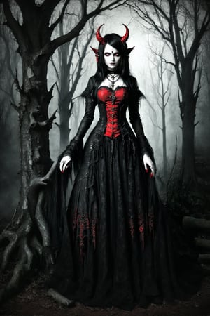 a gothic female demon, fressed in red and black, gothic jewellery, evil look, she is standing by a tree, just staring, full body shot whiteeyes, ,gothicstyle