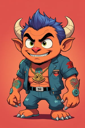 create a cartoonish gangster monster, tattoos and all, but cute