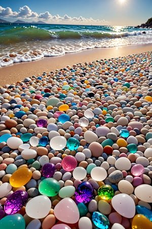 create me a beautiful beach covered in pebbles as the sea ebs in the background, multiple colored transparent beads, scenery, water, colorful pebbles, gemstone cobbles, crystal marbles, sky