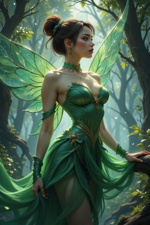 combine the below to create a stunning lady, fairy wings, green dress, blue eyes, wonder beauty