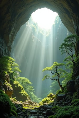 A massive, ancient cavern with a towering entrance open to the sky. Sunlight beams down in radiant streams, illuminating patches of lush, green vegetation that have taken root on the cavern floor. Giant boulders and moss-covered rocks scatter across the ground, while slender, exotic trees and ferns stretch upward, reaching toward the light. A soft mist lingers in the air, giving the scene a surreal, dreamlike quality. The cavern walls rise high, textured with the marks of centuries, as if hiding secrets of a forgotten world. There’s a sense of awe and mystery, as if this place has been untouched for eons, waiting to be discovered