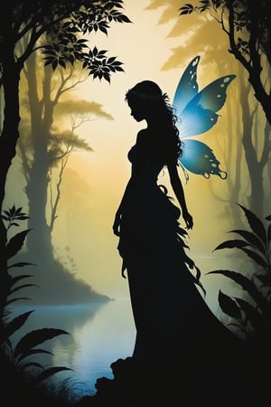 mysterious silhouette forest fairy woman, beautiful. high defintion, highly detailed, mysterious, serene, Johannes Vermeer inspired art