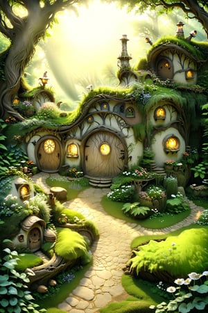 A whimsical scene unfolds as the camera captures the serene atmosphere of an enchanted forest. Amidst the lush green foliage and sunlit trees, a charming hobbit-style dwelling nestles cozily into the nook of a massive tree trunk. Smoke lazily billows from the chimney, carrying the scent of warmth and comfort. Steps lead up to the round door, inviting viewers to enter this mystical realm, whimscial, bugs, fairys, 75 degree wide angle, movie still,