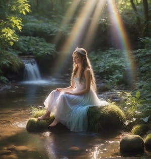 Create a water princess; sitting on nath eedge of the brook watching the  water as sunlight strikes, casting small rainbows upon the water.