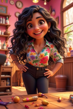 In a cheerful, cartoon-style illustration, depict a happy, younger, chubby, short island female hairstylist in action. She has meduim length, curly black/brown hair that cascades down her back and a joyful expression on her chubby face. Dressed in black pants and a lovely, colorful floral blouse, she pairs her outfit with flat black shoes that add to her stylish yet practical look. Her fingernails are painted a bright, vibrant green, adding a pop of color to her overall appearance., the scene captures the lighthearted, warm atmosphere of a salon, where conversation and laughter fill the air. The salon itself is decorated with bright, welcoming colors, with mirrors and hair products on shelves, creating a lively and creative environment