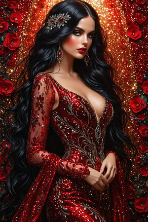 ((extremely perfect detailed:1.9)),  a gothic beauty, busty, realistic waist.  bohemian, , aesthetic,  a woman with long black hair and luxury red evening dress gown,  sequins adorn the gown to meticulously arranged to catch and reflect light, ultra detailed sequins, (sequins background), a vibrant, gems, T