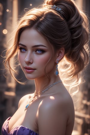 create me a a lovely portrait of a lovely girl, purple eyes, necklace, strapless dress, ponytail, long hair, jewelry, earrings, looking at viewer,wrenchsfantasy