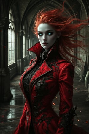  ((full body shot)) captivating portrait of a witch with sharp, angular features and flowing red hair. She wears a high-collared red coat adorned with intricate dark details . Her piercing ice blue eyes glow with an otherworldly intensity, and her pale, porcelain skin contrasts sharply against the deep shadows of her surroundings.  The background features a ball room with tall, gothic arches, adding to the atmosphere of dark elegance and authority. The entire scene exudes mystery, power, and a supernatural allure, 