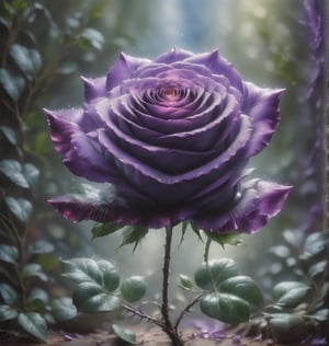 a simple purple rose with ltitle bits of greenery encaptured in glass