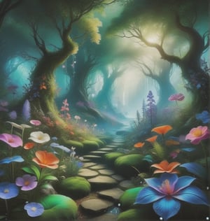 a fantasy forest, flowers come to life