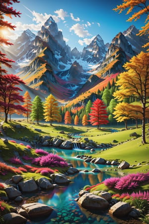 create me an epic portatrit of a stunning colourful landscape,  stunningly beautiful