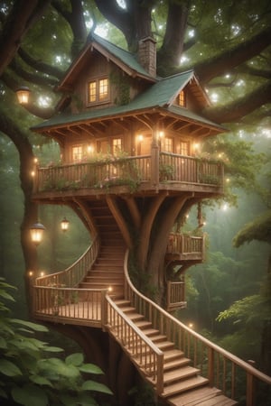 Envision a grand, towering treehouse with lush foliage, bathed in the soft glow of evening. Lanterns dangle from the branches, casting a warm light that dances across the wooden structure. The moonlight drapes over the treehouse, accentuating its windows and doors. A spiral staircase curls around the trunk, leading up to this enchanting abode, nestled amidst miniature flower gardens and verdant grass. ,glitter,treehouse