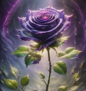 a simple purple rose with ltitle bits of greenery encaptured in glass