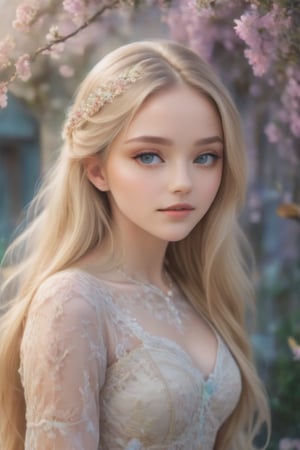 a beautiful young woman, long blonde hair, pale soft skin,lace dress, soft colors, background with birds and flowers, intricate details,PIXAR