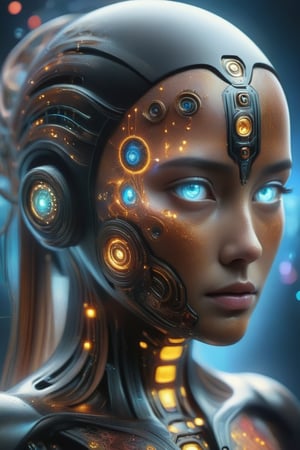 a close up of a statue of a woman, digital art, inspired by tomasz alen kopera, gothic art, intricate skeletal decorations, 8 k highly detailed, a detailed full body photo of a female  police cyborg with black metal, firearm, most beautiful Thai mix girl, updo black short hair, full body, side on facing veiwer with cosmic stars in her and colorfull color light particles cosmic back ground,dripping paint,cyborg style,a girl formed of colored glaze,b3rli,c1bo,DonMX3n0T3chXL,DonMQu4n7umZ3r0XL ,DonMCyb3rN3cr0XL 