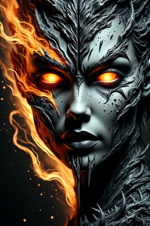 A striking, high-detail image of a half-demon, half-human figure. The right side of the face is human, with flawless, soft skin, delicate freckles, and glowing amber eyes that seem to burn with intensity. The other side is a demonic visage, with molten, fiery textures, sharp fangs, and glowing orange eyes that mirror the human side’s power. Fiery, molten streaks and intricate details flow from the demonic side of the face, blending into the human half seamlessly, creating a captivating contrast between beauty and terror. The image captures the essence of inner conflict and the fusion of two opposing natures—beauty and monstrosity