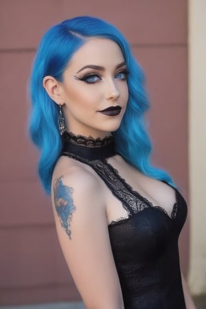 full body shot of a  women, wearing a tight fitting black lace dress with blue  stitching, she has bright blue eyes, she has bright blue wavy shoulder length hair, she has light gothic make up, she has earrings and a nose ring, she is perfect and beautiful, she has a cheeky smirk,goth girl