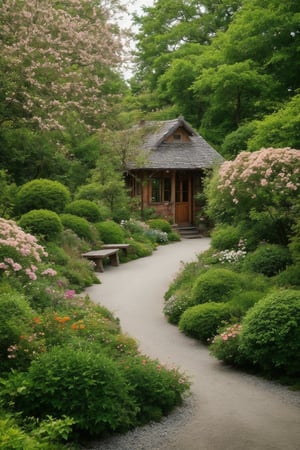 create me an old ornate country style  cottage garden, there are old wooden benches with plant pots on them, old antique copper and stainless stll flower pots full of flowers array the pathway, there is a winding dirt path with pebbles as edging, its avery serene peaceful place