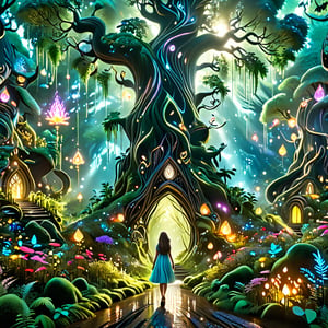 create an illustrative picture of a girl walking through a beautiful forest, its bright, colourful, full of mystical life,zhibi