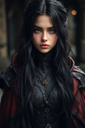 A hauntingly beautiful young woman stands facing the camera in a dramatic composition, her raven-black hair cascading down her back like a waterfall of night. Soft lighting highlights her facial features. Her Gothic-inspired tunic appears to shimmer with otherworldly energy, as if infused with dark magic. 