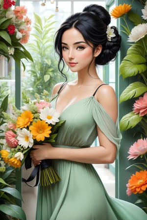  A serene and beautifully detailed scene set inside a charming flower shop. The setting is filled with an array of vibrant flowers, creating a lush and colorful atmosphere. A young woman with long black hair, styled in a messy yet tidy bun with tendrils falling onto her shoulders, stands in the shop. She is wearing a green summer dress and black sandals, with a handbag slung over her shoulder. She carries a bouquet of flowers in her arms, looking up with a slight smile on her lips, exuding a peaceful and content expression. The artwork is high definition and highly detailed, capturing the intricate details of both the character and the floral surroundings, evoking a sense of calm and beauty, hayv kahraman  art