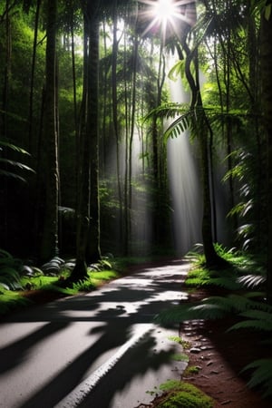 Deep within the rainforest, tall green lush trees, ferns, and flowers, along with animal life, blanket the forest floor. Sunlight streams through the tree canopy, creating a scene that is both beautiful and serene, as rain softly descends. deer in the background,,inch0226b
