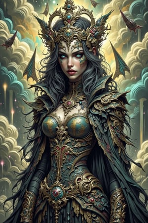 Paint a gothic female in an ornate traditional gothic outfit, complete with elaborate makeup that highlights her beauty. Use surrealism to depict her in a mystical realm, featuring floating, disembodied wings and an array of colorful clouds swirling in the background.