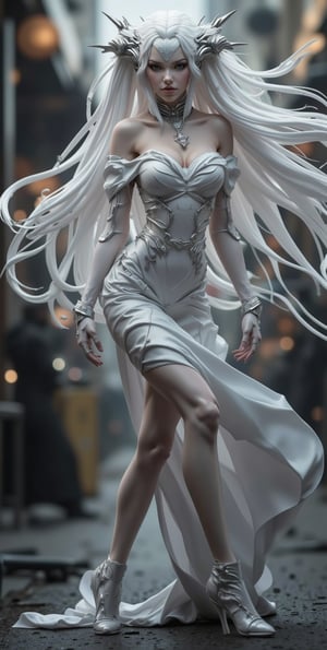 Masterpiece, best quality, stunning details, realistic photos, 1girl, long white flowing hair, high quality fair skin, , off-shoulder white pencil dress, (shiny pantyhose), long legs, Squat, upper body, (Cyberpunk Street),feminization,hyperfeminine,Immortal atmosphere,