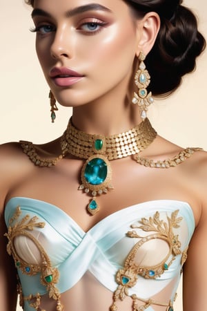 create a goddess of utter beauty, adorned in her jewels and her dresses made of sheer silk, 