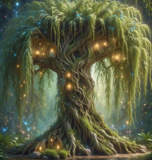 create an beautiful weeping willow tree with fairies, lights, magical, fantasy surroundings