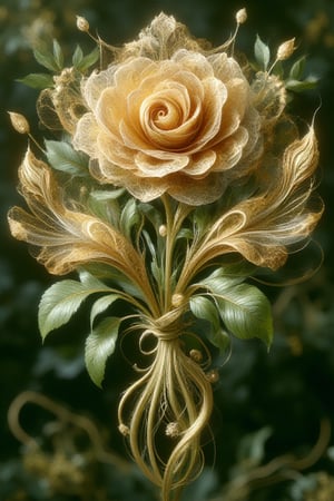 create a frose bouquet made of gold with green leaves