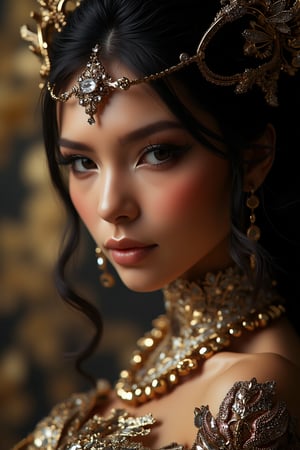 hot sexy female model, wearing ornate body jewelery suit. soft silky cat fur,  glamour shot, diamond lights, face close up, 4k, ultra sharp, ultra detail
,REALISTIC