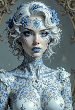 An exquisitely detailed illustration of a woman crafted entirely from delicate porcelain, standing in perfect balanced symmetry. Her form is adorned in intricate white and blue patterns, resembling the fine details of filigree, with her facial features meticulously sculpted, evoking hyperrealism and refined beauty. The scene is set in a comic book and grunge style fusion, capturing both elegance and intensity. The artwork showcases super HD quality, emphasizing the sharpness of every porcelain crack, shadow, and highlight. Rendered in the style of Hayv Kahraman, the composition embraces a fusion of realism and stylized grace, with a touch of mystery and sophistication