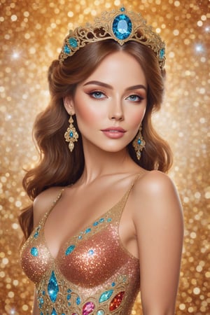 Create a beautiful image of a stunning lady with an ornate and lovely background behind her.,DonMM4g1cXL ,glitter,4esthet1c