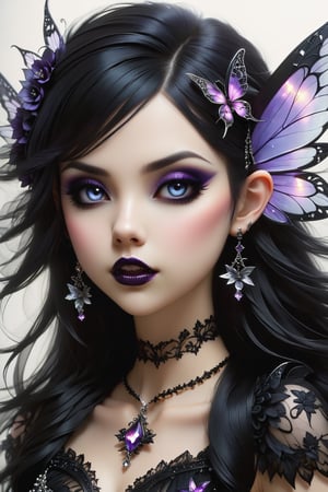 create me a fairy/goth/fanatsy hybrid,  her mouth is slightly open