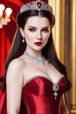 stunning vampire queen, dressed in a red gown, standing,  adorned in jewelery , perfect face,DonMB4nsh33XL ,Beautiful