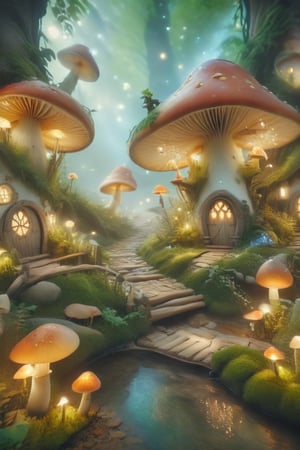 Envision a whimsical, magical mushroom village where little fireflies dance in the air and adorable fairies dwell.,fairytale,Fairy