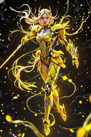 
Beautiful strong mech cyberwoman slashing through battle, yellow gloss plastic glass, aluminium, full body shot, dynamic action pose, Leonardo DaVinci style, Space Art, Sci-Fic Art, pretty, woman, sexy face, green eyes, blonde hair, slim body, sexy pose, purple tights, mecha armor, realistic, beautiful light, complete detail, black background,  girl with, photo realistic, 