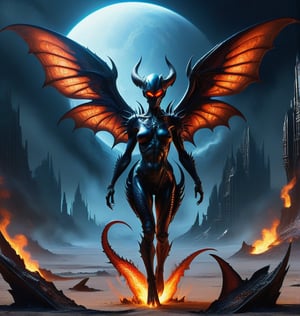 Photorealistic, highly detailed, survivor succubus with widespread wings walking on an alien planet, intimidating, destruction, dystopia, alien planet, fire, post-apocalyptic, fantasy, Giger, 

monster, detailmaster2,DarkStyle,demon