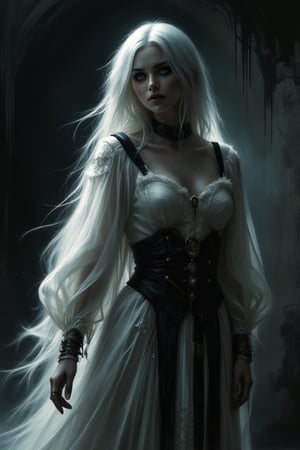  White Elegance, A  beauty in a Gothic boho outfit, orante surroundings, errie background, dark fantasy, dark,dark art movement style,CINEMATIC DARKNESS, ATMOSPHERIC HAZE, DEEP SHADOWS