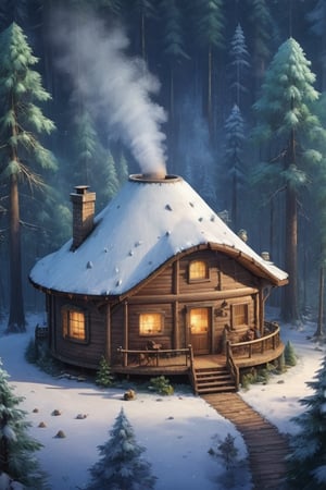 please create a a round log cabin, it is nestled in amongst a forest, ((it only has one small chimney)), smoke is coming out of the chimney, there is a vernanda all around it, it is snowing,  Nature, 2d game scene, ruanyi0715 ,Forest 