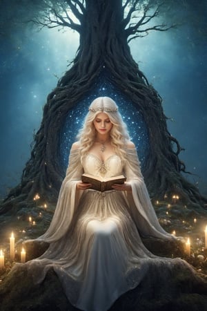 A beautiful witch wearing white robe, reading a grimoire in a starry night, in an enchanting forest, surrounded by mystical atmosphere and magical ambiance, glitters, glowing particles, misty. (masterpiece, top quality, best quality, official art, beautiful and aesthetic:1.2), (1girl:1.4), upper body, blonde hair, portrait, extreme detailed, fantasy art, intricate arcane wiccan designs, ,yennefer ,garter straps,glitter,fairytale